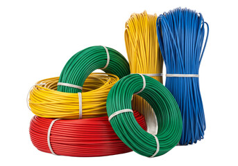 Collection of colorful electrical wires and cables in spools and bundles isolated on transparent background