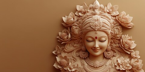 Beautiful statue of Indian goddess Durga surrounded by lotus flowers