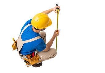 Construction worker wearing safety harness and yellow helmet rappelling down with rope isolated on transparent background