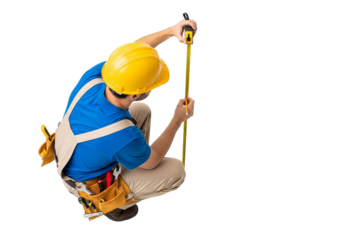 Construction worker wearing safety harness and yellow helmet rappelling down with rope isolated on transparent background