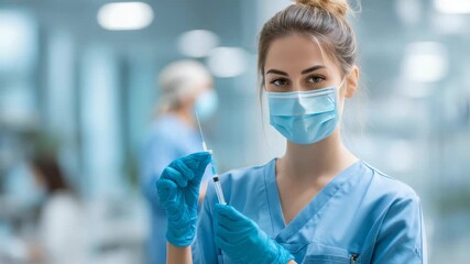 Confident female nurse in protective mask and gloves prepares a syringe for vaccination in a modern hospital. Medical professional focused on patient care and safety during healthcare procedures - Powered by Adobe