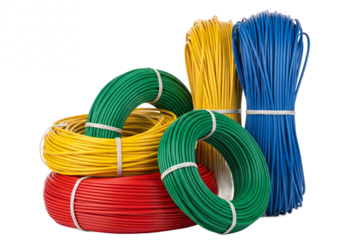 Collection of colorful electrical wires and cables in spools and bundles isolated on transparent background