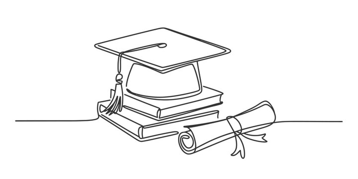 Elegant graduation cap stack of books and diploma depicted in a minimalist continuous one line drawing art style vector