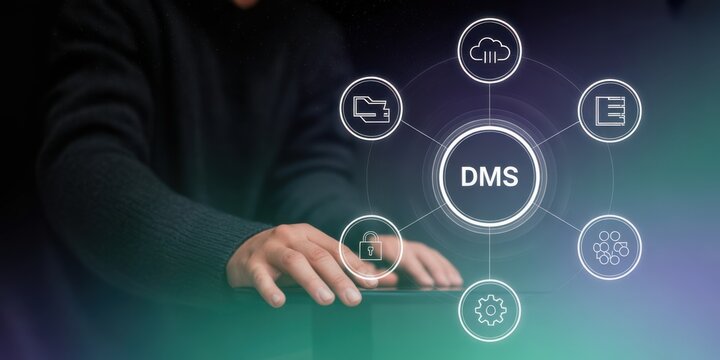 Digital Data at Your Fingertips: A visionary figure controls a cutting-edge interface with his hands, surrounded by a luminous holographic display of DMS connections.