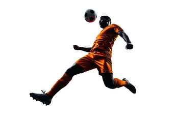 Silhouette of a soccer player in mid air heading the ball during a dynamic match isolated on transparent background