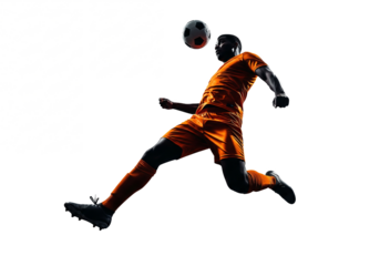 Silhouette of a soccer player in mid air heading the ball during a dynamic match isolated on transparent background