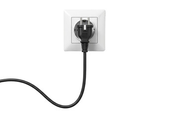 Electrical power plug inserted into a white wall socket with a black cord isolated on transparent background