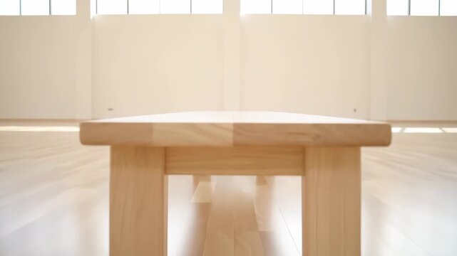 Dolly shot approaching a petite wooden bench in a sun drenched, unoccupied space. The simple decor includes a gleaming floor and large windows that flood the room with light
