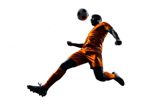 Silhouette of a soccer player in mid air heading the ball during a dynamic match isolated on transparent background - Powered by Adobe