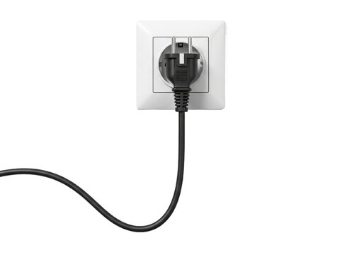 Electrical power plug inserted into a white wall socket with a black cord isolated on transparent background