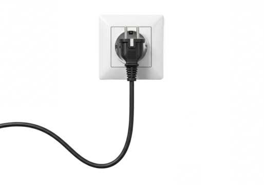 Electrical power plug inserted into a white wall socket with a black cord isolated on transparent background