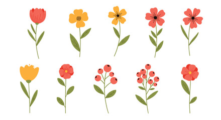 A vibrant collection of simple hand-drawn floral and berry illustrations, perfect for spring and nature-themed designs.