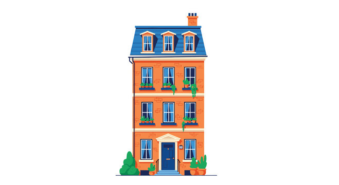 Illustration of a tall orange brick apartment building with a blue mansard roof, dormer windows, and lush window boxes.