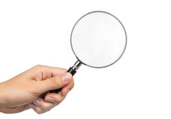 Human hand holding a magnifying glass tool for examination and research isolated on transparent background