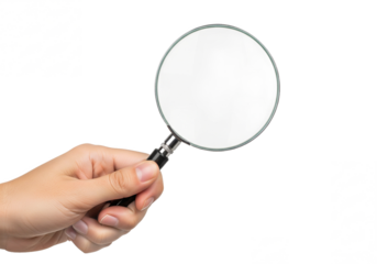 Human hand holding a magnifying glass tool for examination and research isolated on transparent background