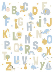 A cute poster with the alphabet for the little ones, featuring illustrations. Pastel colors. Perfect for a child's room.