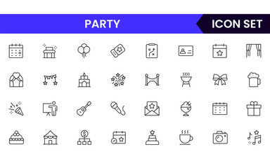 Party vector web line icon collection, sleek illustrations of calendars, tickets, venues, decorations for organized, festive designs.