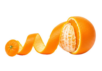 Vibrant orange with a long spiral peel unfurling across a transparent background isolated on transparent background