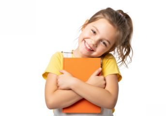 Happy young girl with bright smile hugging an orange book isolated on transparent background