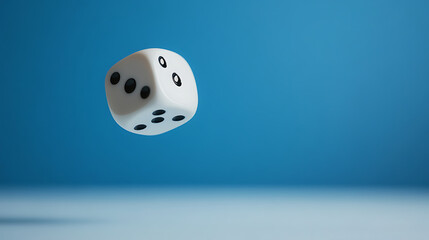 A single white die levitates in mid-air against a gradient blue backdrop. The die shows black pips, symbolizing games of chance, strategic decisions and uncertain outcomes.