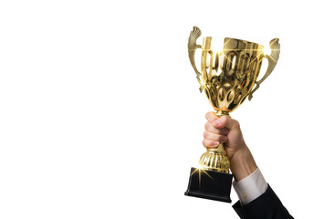Hand in suit holding a golden trophy high in celebration isolated on transparent background