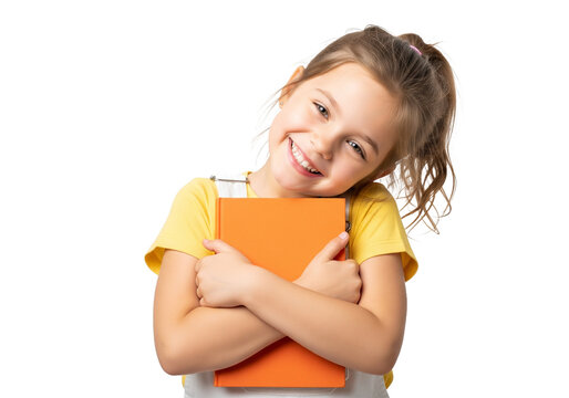 Happy young girl with bright smile hugging an orange book isolated on transparent background