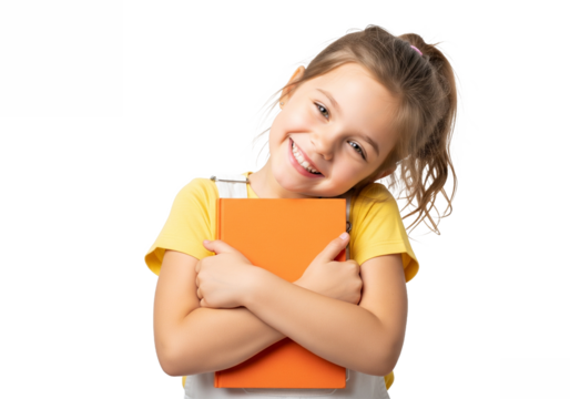 Happy young girl with bright smile hugging an orange book isolated on transparent background