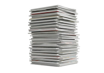 Tall stack of magazines and newspapers neatly piled up and isolated on transparent background