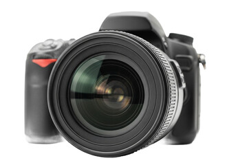 Professional dslr camera with large lens front view isolated on transparent background