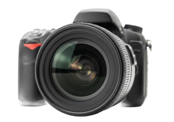 Professional dslr camera with large lens front view isolated on transparent background