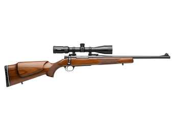 Detailed view of a classic wooden hunting rifle with a telescopic scope isolated on transparent background