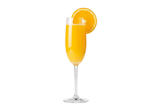 Refreshing mimosa cocktail with orange slice garnish in a tall flute glass isolated on transparent background