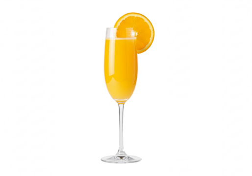 Refreshing mimosa cocktail with orange slice garnish in a tall flute glass isolated on transparent background