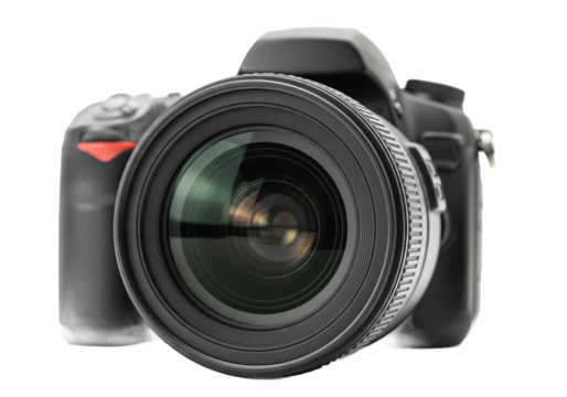 Professional dslr camera with large lens front view isolated on transparent background