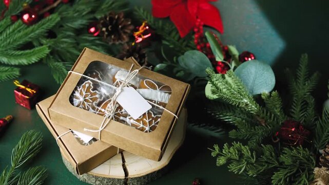 Christmas gingerbread cookies in clear window boxes tied with twine on a rustic wood slice surrounded by festive greenery