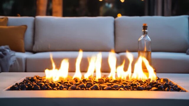A warm outdoor fire pit with a drink bottle sits before a plush sofa