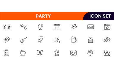 Party vector web line icon collection, sleek illustrations of calendars, tickets, venues, decorations for organized, festive designs.
