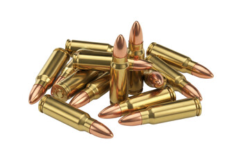Pile of brass rifle cartridges ammunition isolated on transparent background