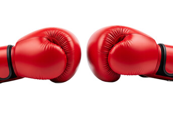 Pair of bright red boxing gloves facing each other ready for a fight isolated on transparent background