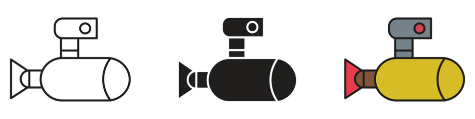  Submarine with periscope and portholes, marine vehicle. Vector illustration.