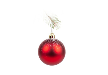 Shiny red christmas ornament with glitter details hanging from a pine branch isolated on transparent background