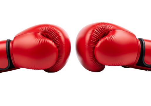 Pair of bright red boxing gloves facing each other ready for a fight isolated on transparent background