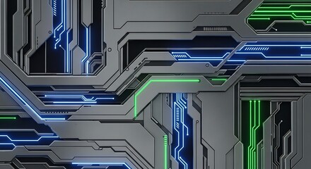 Fototapeta premium Futuristic grey tech panel with blue and green lights and lines complex circuit board design