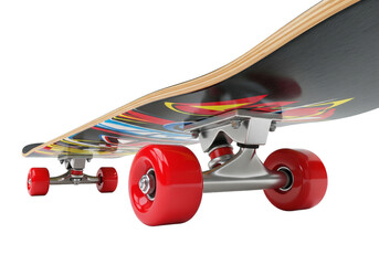 Close up of a colorful skateboard with red wheels isolated on transparent background