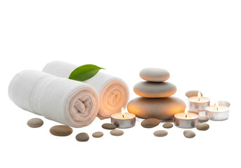 Relaxing spa scene with rolled white towels stacked smooth stones and lit candles isolated on transparent background