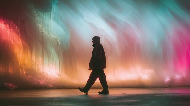 Cinematic shot of a man's silhouette walking alone in a dark, empty space against a stunning, abstract background of flowing pink, orange, and turquoise neon lights creating an atmospheric mood