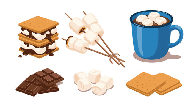 Isometric illustration of s'mores, roasted marshmallows, hot chocolate with marshmallows, chocolate bars, and graham crackers.