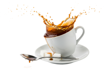 Dynamic coffee splash frozen in time from a white cup and saucer with spoon isolated on transparent background