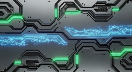 Fototapeta premium Gray metal plates with integrated blue and green circuitry conveying a futuristic technological aesthetic