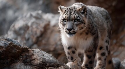 Obraz premium A majestic snow leopard walks cautiously across rugged mountain terrain